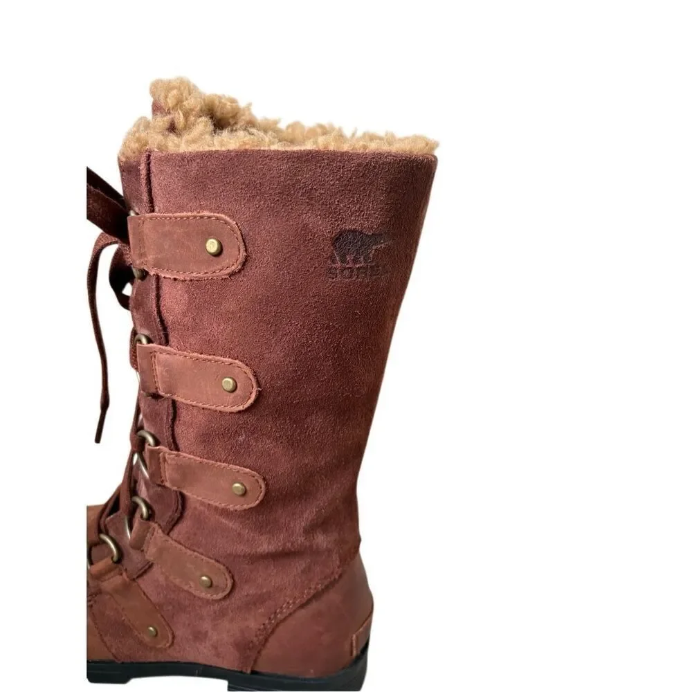 Sorel Emelie‎ Lace Up Tall Leather Boots size 8 Tobacco Brown